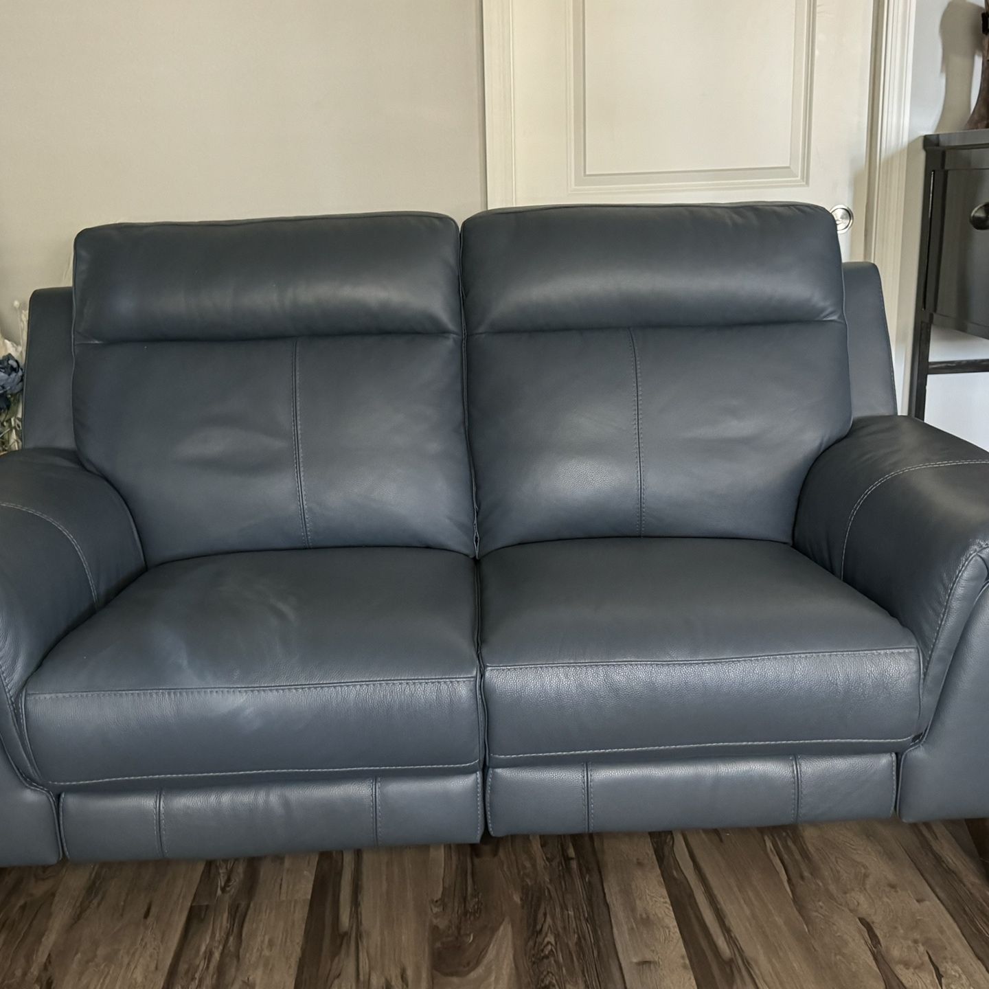 Navy Leather Reclining Loveseat, Brand New! 