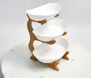 (E-11) 3 Tier Plastic Bowl for Kitchen Counter – Tiered Basket with Natural Bamboo Stand, Space-Saving Countertop Organizer for Snacks, Bread, Cake, D