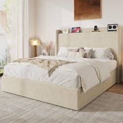 King Size Bed Frame, Chenille Storage Headboard and USB, Greige