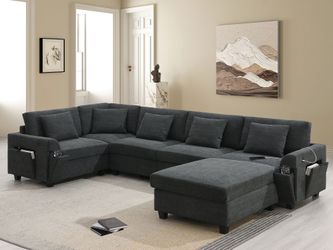 128*67 U Shaped Sectional Sofa,6 Seat Chenille Couch Set with Oversized Ottoman,Hidden Armrest Storage and Cup Holders,USB Charging Ports,Wide Seat So