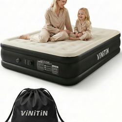 Queen Air Mattress with Built-in Pump, 16" Elevated Inflatable Bed for Home & Guests, Self-Inflating Blow Up Mattress with Flocked Top & Storage Bag, 