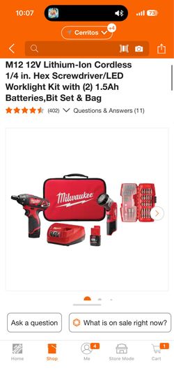 M12 12V Lithium-Ion Cordless 1/4 in. Hex Screwdriver/LED Worklight Kit with (2) 1.5Ah Batteries,Bit Set & Bag