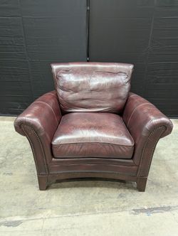 Traditional Deep Reddish-Brown Leather Armchair with Nailhead Trim