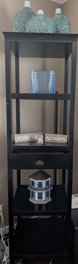 Black Wood Etagere Shelving Unit with Drawer