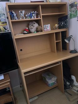 Wooden desk with shelf and sliding keyboard drawer