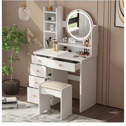 Fufu & Gaga 5-Drawers White Makeup Vanity Sets Dressing Table Sets With Stool, Mirror, LED Light and 3-Tier Storage Shelves 