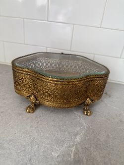 Vintage Gold Filigree Jewelry Box with Glass Lid