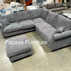 New! Plush Dark Grey Sectional Sofa And Ottoman, Sectionals, Sofa, Couch, Grey Couch, Grey Sofa, L-Shaped Sofa, Plush Sectional Couch,Living Room Sofa