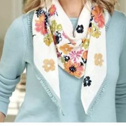 J. JILL Cream Orange Pink Blue Floral Print Embroidered Fringe Scarf Shawl