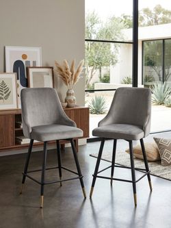 Set of 2 Gray Light Velvet Bar Stools – Black and gold Metal Legs, Fully Assembled, Modern Style
