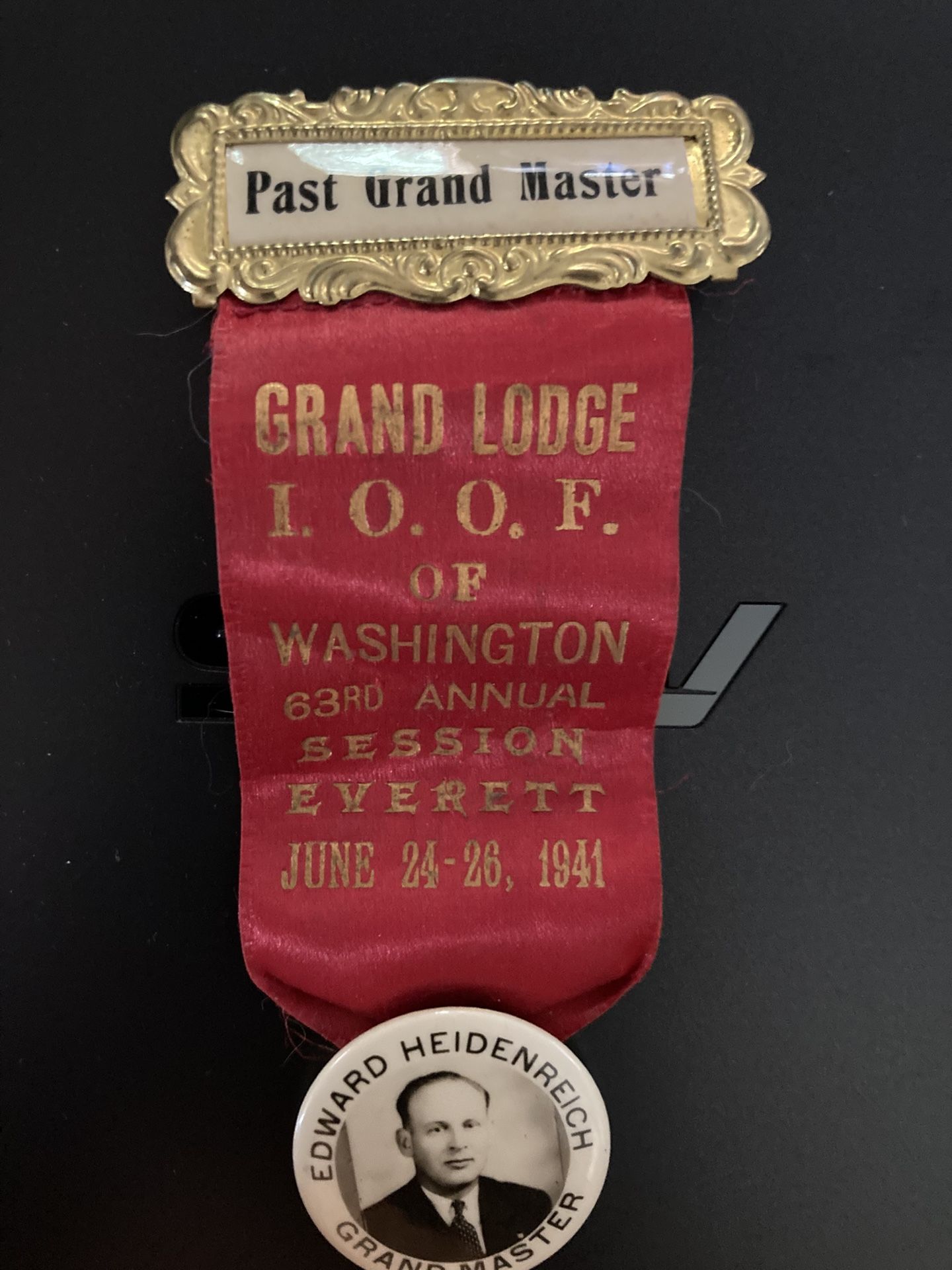 Vintage 1941 Washington Past Grand Lodge Master Ribbon Edward Heidenreich  I.O.O.F Everett, WA