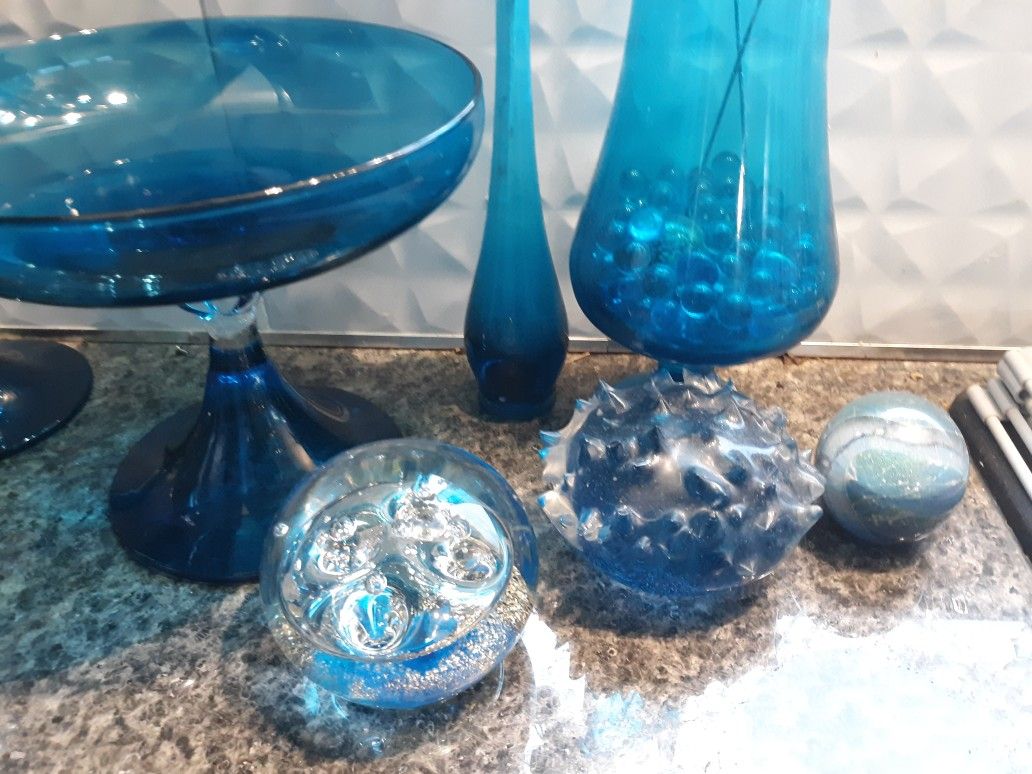 Aquamarine Vintage Art Glass Collection 1960s Paperweights Vases Compote Stand