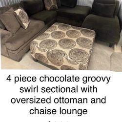 4 piece chocolate groovy swirl sectional with oversized ottoman and chaise lounge