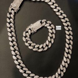 New 18k White Gold Cuban Link Chain and Bracelet 