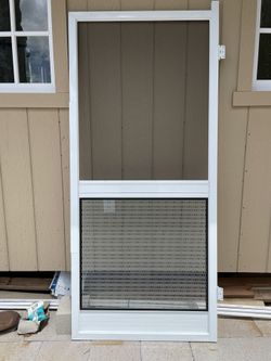36 in. x 80 in. Powder-coat White / Bronze Outswing Metal Hinged Screen Door