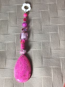 Brand New Custom made Pink Stone Teardrop Fandangle , hang on lamp shade, curtain rod, plant stake and more, hook included