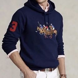 Polo Ralph Lauren Equestrian Horse Triple Pony Navy Blue Pullover Hoodie Sweatshirt Sweater 2XL