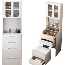 Compact Vanity with Mirror and Lights, Makeup Vanity with 3 Drawers, White Vanity with Glass Top, Vanity Set with Stool Storage, Flip Top Vanity Mirro