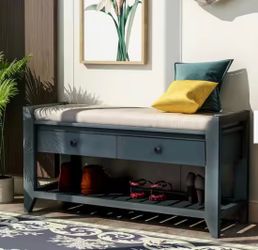 New Entryway Blue Storage Bench with Cushioned Seat, Drawers and Shoe Rack