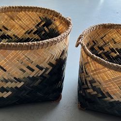 Crutello Woven Bamboo Storage Baskets, Set of 2 Black and Natural Pattern Bamboo 14” & 12” Brand NEW $30