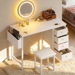 White Vanity Desk with Mirror and Light- Makeup Vanity Set Table with Chair, Storage, Lighted Mirror, 4 Large Fabric Drawers & Power Outlet, Dressing 