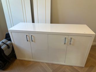 Macys white lacquer sideboard cabinet with interior shelves and drawer