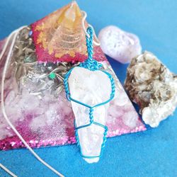 Large quartz shard blue wire wrapped pendant on 24" silver snake chain necklace new