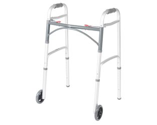 Drive Medical Two-Button Folding Walker With Wheels - Lightweight Rolling Mobility Support - Adjustable Height - Dual Push-Button Operation - 5 Inch F
