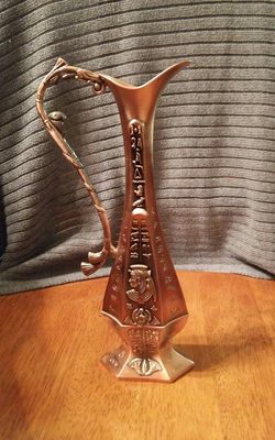 Copper Egyptian vase 9.5" tall detailed hieroglyphics
