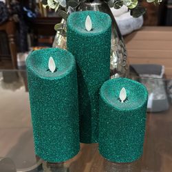 Luminara Set of 3 Glitter Flameless Pillar Candles ~ Emerald Green