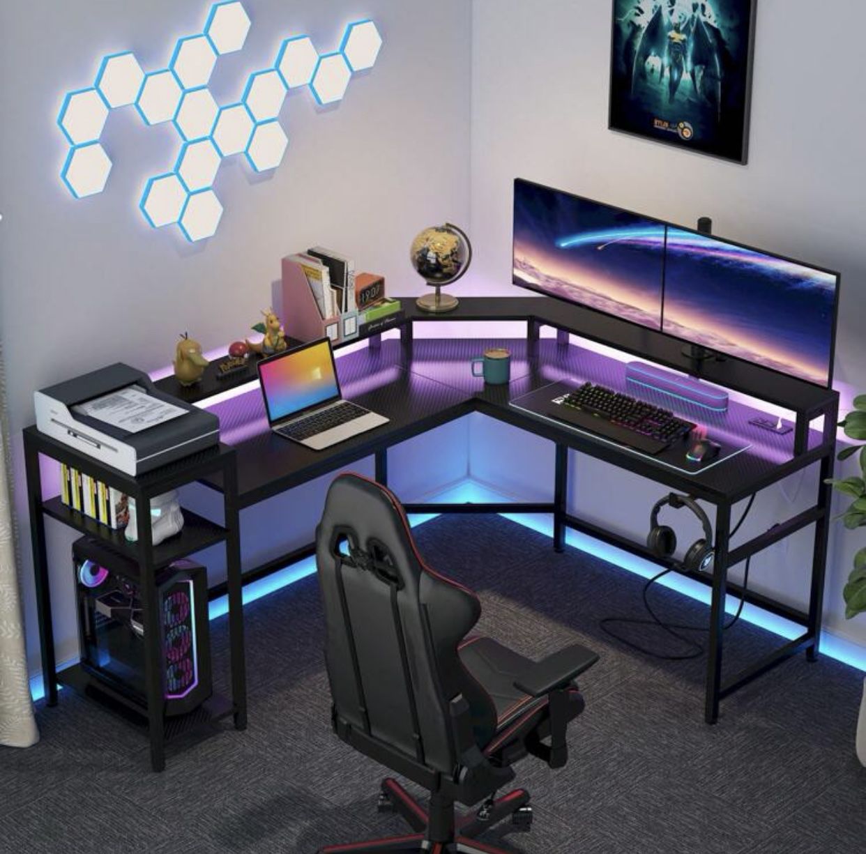 Tribesigns L-Shaped Gaming Desk With Power Outlets & LED Strips, L-Shaped Computer Desk With Storage Shelves, Corner Computer Desk With Monitor Stand,
