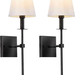Wall Sconces Set of Two with White Fabric Shades, Hardwired Wall Lights for Living Room, Bedroom, Bathroom, Hallway (No Bulb)