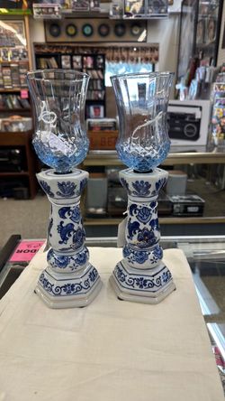 Delft Blue Ceramic Candle Holders with Glass Shades