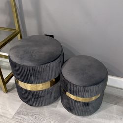 Grey & Velvet Ottoman With Storage (Set Of 2)