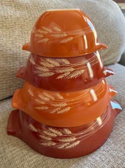 Vintage Pyrex Autumn Harvest Wheat Cinderella Mixing Bowl Set 441 442 443 444