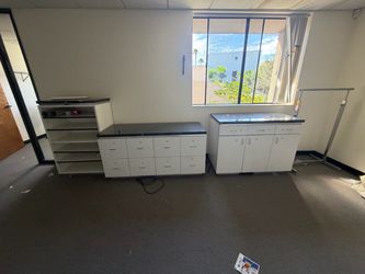 White Office Cabinets with Dark Countertops