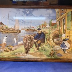 Beautiful Vintage Hand Painted Tiles With solid wood Tray