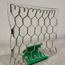 Vintage Glass Trinket Dish Embedded With Chicken Wire Signed