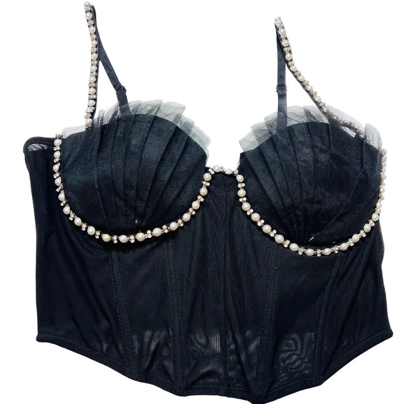 Windsor Halter Corset Top Large Black Nylon Spaghetti Strap Pearls Rhinestones