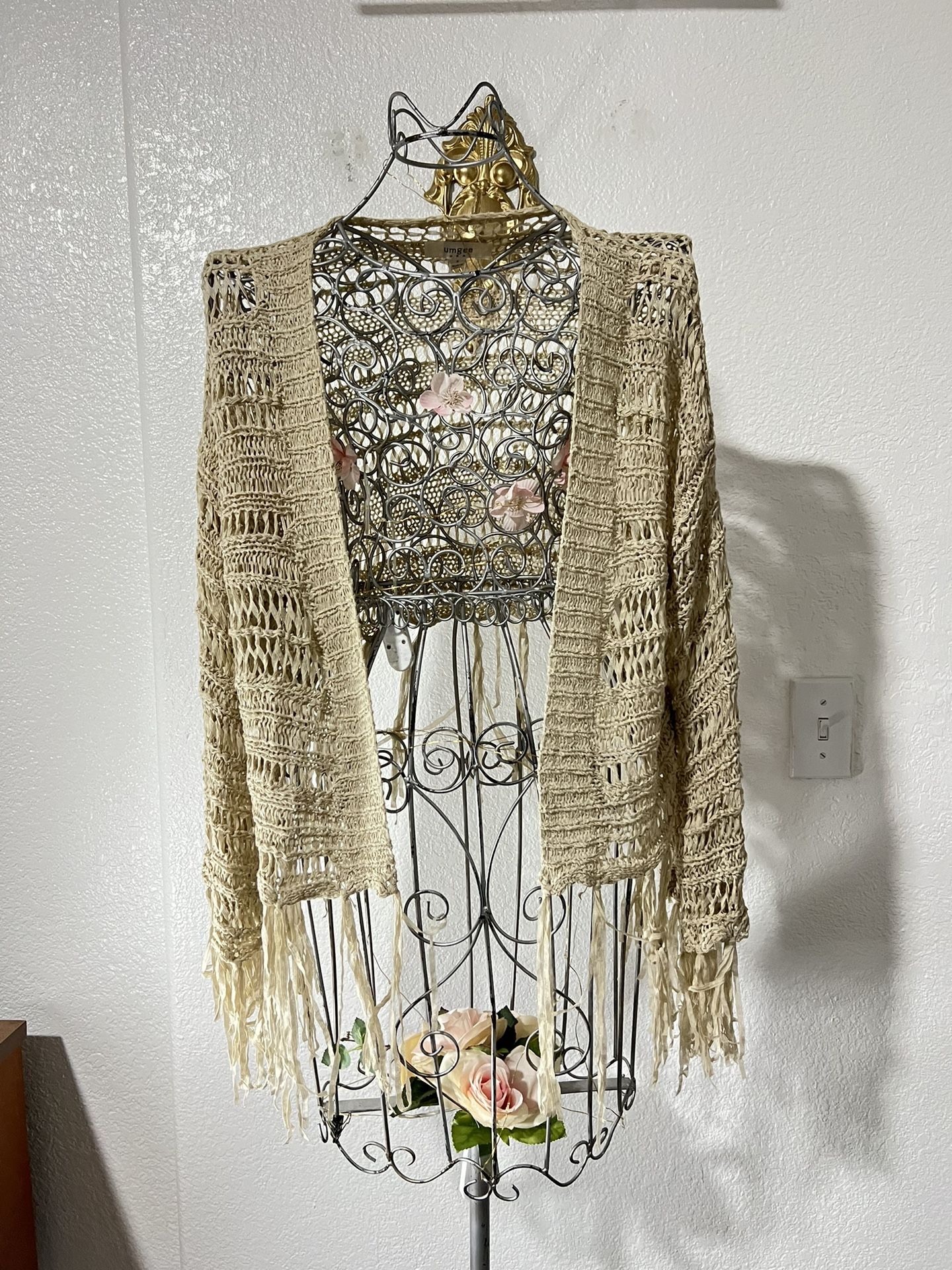 Umgee Fringe Cardigan Open Front Tan Neutral Long Sleeve Festival Boho Small