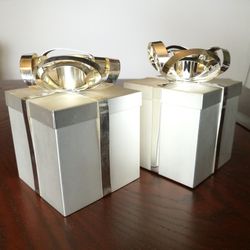 Set Of 2 GODINGER Silverplate CHRISTMAS Gift Box Candlesticks Candle Holder