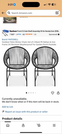 MATONELL Outdoor Patio Wicker Chairs Set of 2 Black PE Rattan & Iron Frame UV Resistant Weatherproof for Garden Porch Poolside
