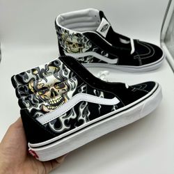 VANS Sk8-Hi Shoe Flame Skull Black White Sneakers Defcon High Top New Men's Sz 10