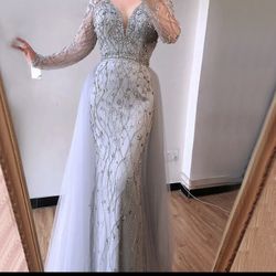 Silver Long Sleeved Bead Dress With Detachable Veil