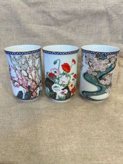 Vintage Franklin Porcelain (3) Floral Painted Porcelain Mugs Marked Japan 1981