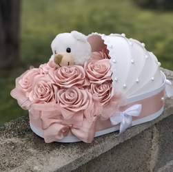 Decorated Baby Bassinet with RIbbon Roses - for gender reveal, birthday, etc.