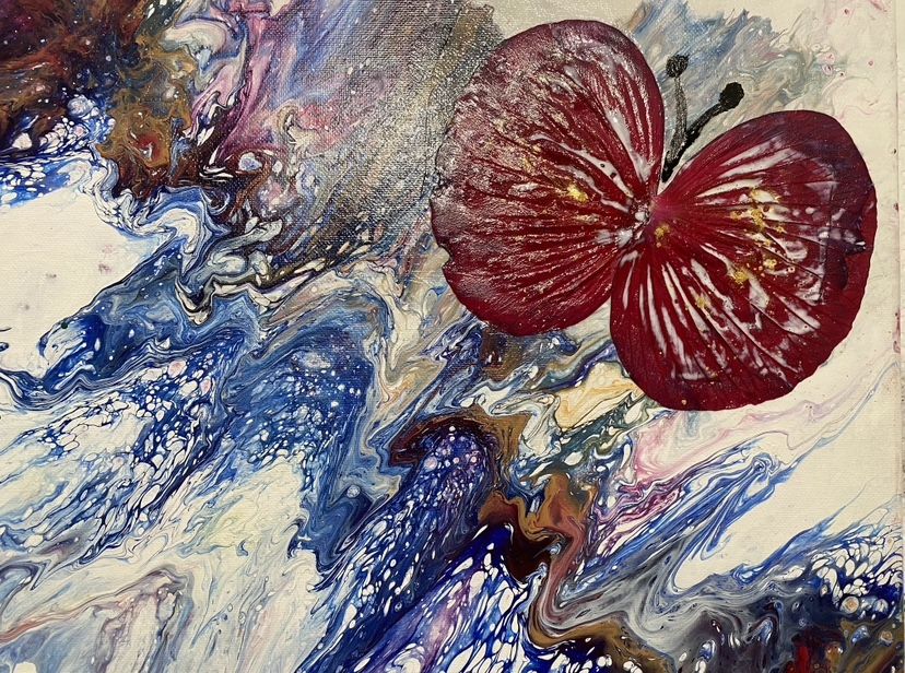 Liquid Art With Real Flower Butterfly Painting