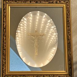 VTG Rare 3D Jesus Christ Cross Infinity Tunnel Lighted Framed Wall Mirror Home Decor wall or table 