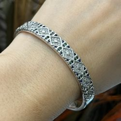 S925 silver green blue white cubic zirconia irregular chunky cuff bangle bracelet,Silver hearts bracelet,Silver irregular cuff bracelet,Everyday brace