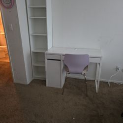 Ikea White Desk, Ikea White Shelves. & Lilac Chair